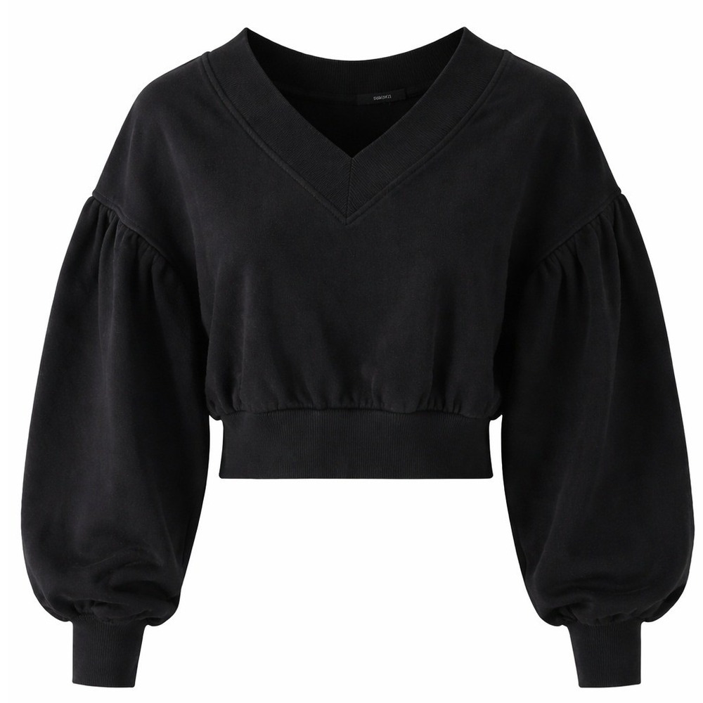 Whimsigoth Balloon Sleeve Black VNeck Cropped Sweatshirt Chunky Fit Womens Small